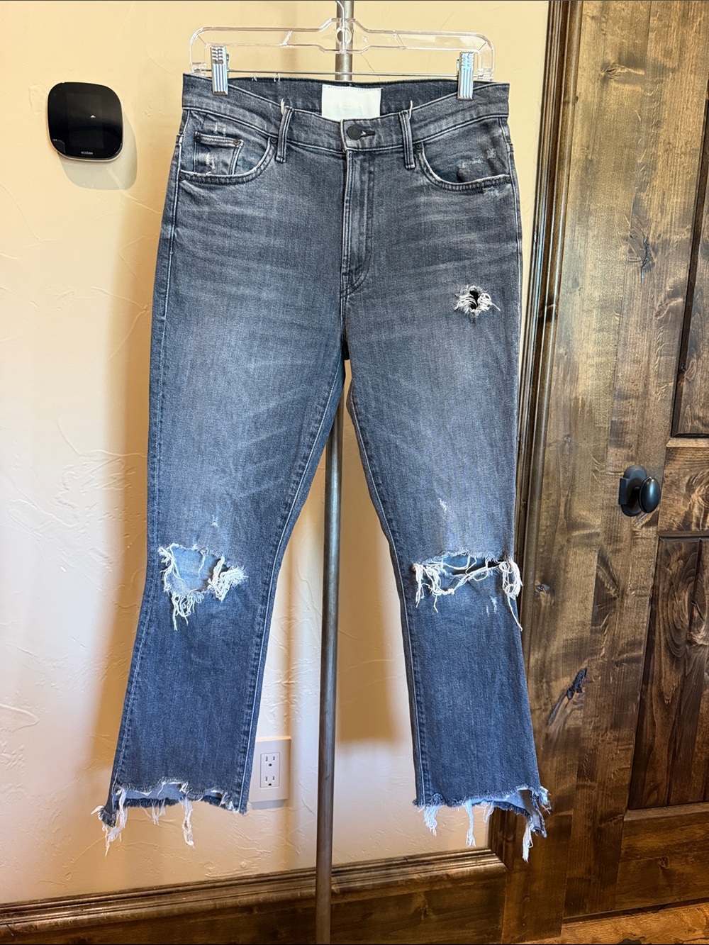 MOTHER Washed Black Distressed Ankle Crop Jeans
